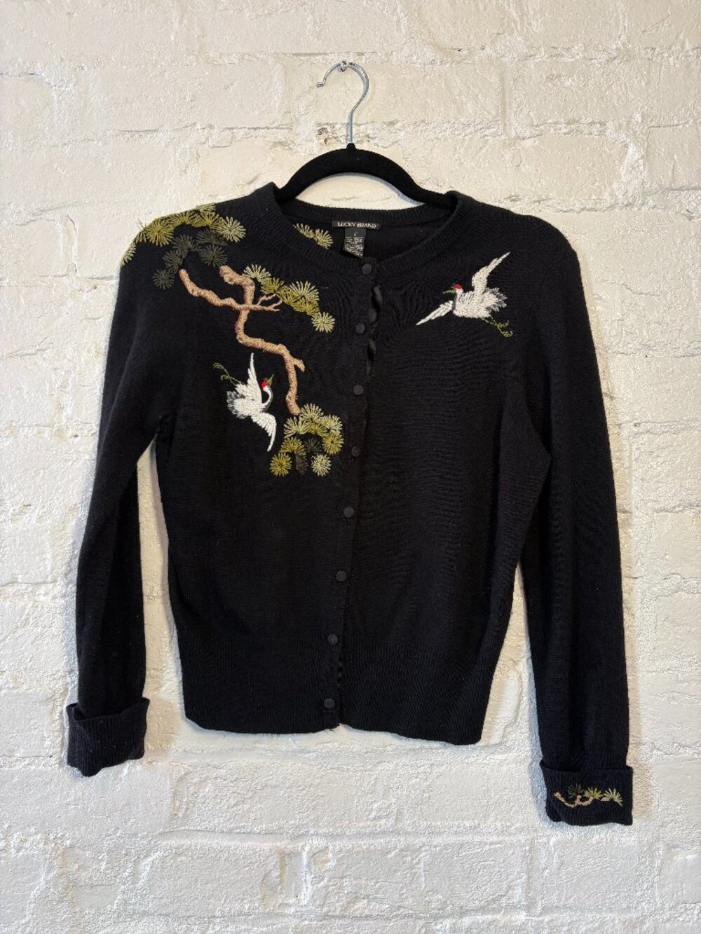 Vintage Retro Lucky Brand Angora Blend Cardigan with Crane and Bonsai Embroidery
